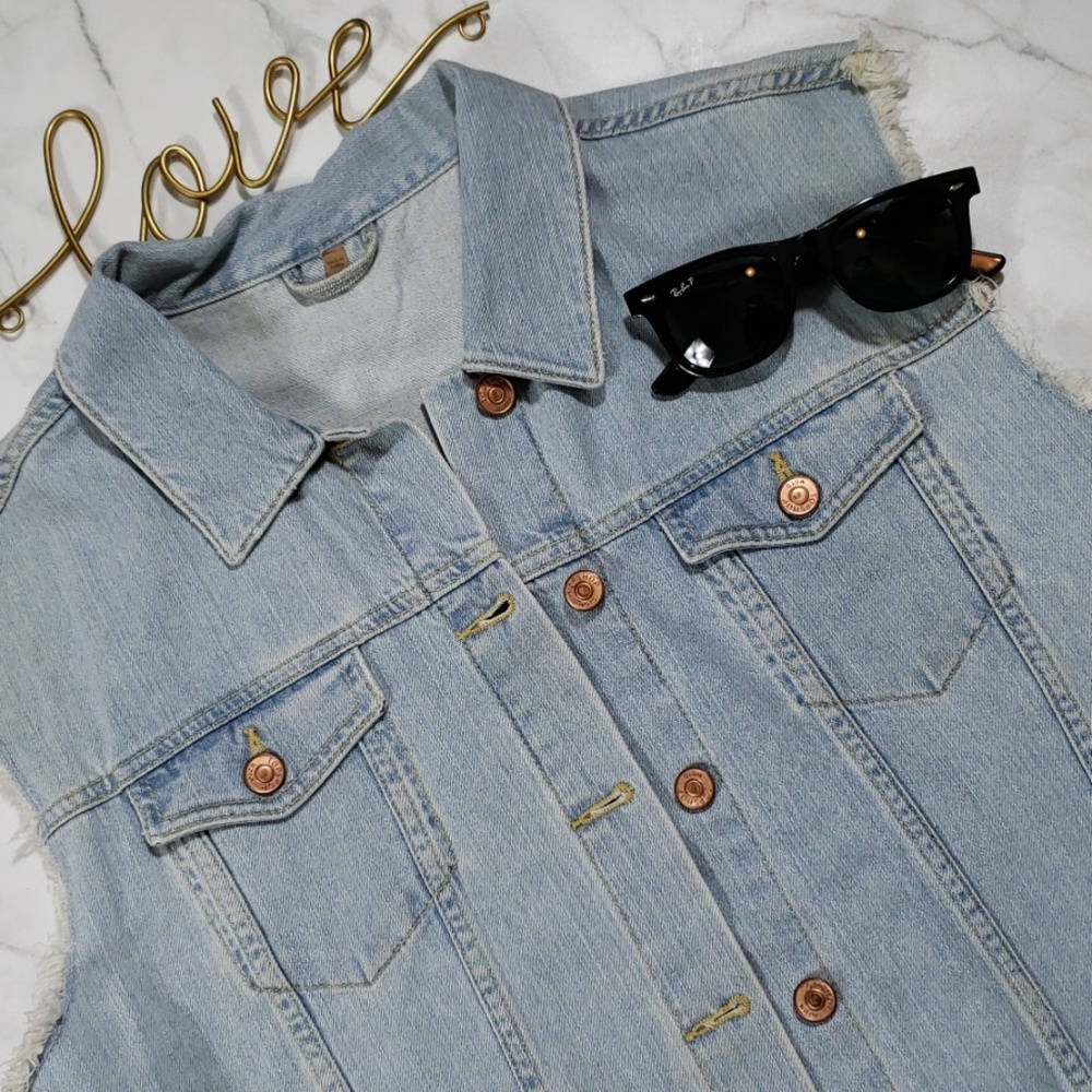 Topshop Moto Distressed Light Blue Denim Vest